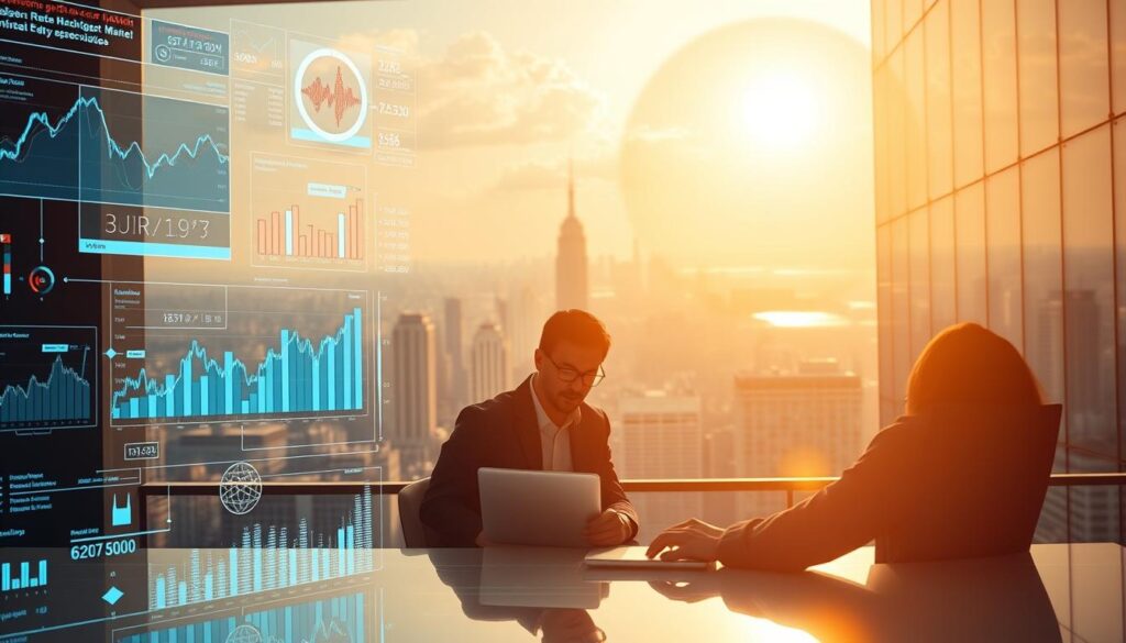 A meticulously rendered scene of a dynamic financial market, illuminated by warm, natural lighting. In the foreground, a collection of holographic data visualizations, digital charts, and interactive insights float above a sleek, minimalist workspace. In the middle ground, a group of analysts intently studying market trends on their high-resolution displays, their expressions reflecting deep contemplation. The background depicts a panoramic view of a bustling city skyline, symbolic of the global connectivity of the cryptocurrency ecosystem. The overall atmosphere conveys a sense of technological prowess, analytical rigor, and the pursuit of investment opportunities in the rapidly evolving Web3 landscape. A meticulously rendered scene of a dynamic financial market, illuminated by warm, natural lighting. In the foreground, a collection of holographic data visualizations, digital charts, and interactive insights float above a sleek, minimalist workspace. In the middle ground, a group of analysts intently studying market trends on their high-resolution displays, their expressions reflecting deep contemplation. The background depicts a panoramic view of a bustling city skyline, symbolic of the global connectivity of the cryptocurrency ecosystem. The overall atmosphere conveys a sense of technological prowess, analytical rigor, and the pursuit of investment opportunities in the rapidly evolving Web3 landscape.