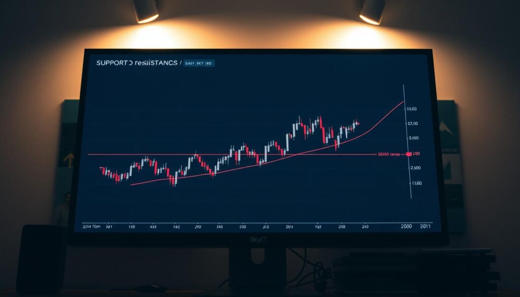 A meticulously rendered technical analysis chart, displayed on a sleek, high-resolution monitor. The chart features clearly defined support and resistance zones, represented by horizontal lines that intersect the price action, creating a dynamic visual framework. The chart is rendered with a clean, minimalist aesthetic, emphasizing the clarity of the technical indicators. Soft lighting from above casts a warm, professional glow, while the surrounding environment is dimly lit, keeping the focus on the captivating visualization. The overall mood is one of analytical precision and financial insight, inviting the viewer to delve into the intricacies of support and resistance levels in the crypto market.