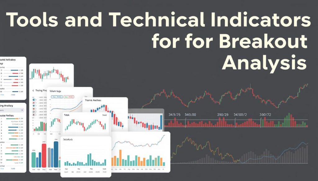 A minimalist digital illustration depicting a collection of technical indicators for trend analysis. The foreground features a clean and organized display of candlestick charts, moving averages, volume profiles, and other key metrics commonly used in cryptocurrency trading. The middle ground showcases various oscillators and momentum indicators, presented in a clear and visually appealing manner. The background maintains a neutral, dark-toned color scheme, allowing the technical details to take center stage. The overall composition conveys a sense of analytical precision and market insight, suitable for illustrating the "Tools and Technical Indicators for Breakout Analysis" section of the article.