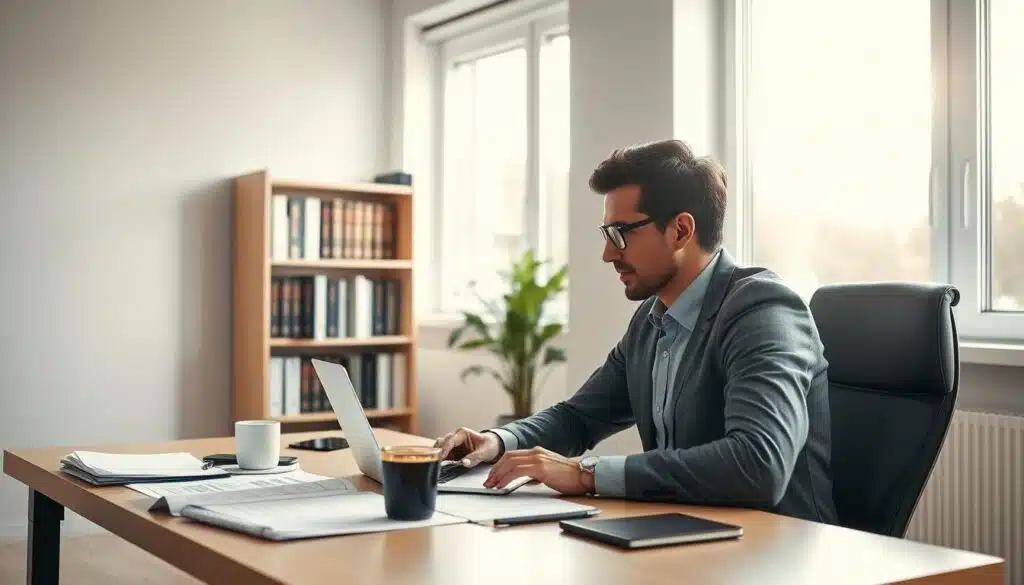 A minimalist office setting, bathed in soft, natural light filtering through large windows. On the desk, a laptop displays tax calculation software, while financial documents and a cup of coffee suggest a focused workspace. In the background, a bookshelf with volumes on tax planning and cryptocurrency regulations hints at the subject's expertise. The overall atmosphere conveys a sense of calculated efficiency, as the figure considers strategic approaches to optimizing their crypto tax liability.