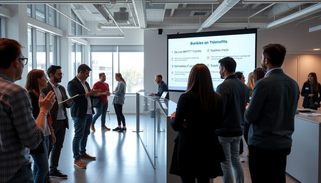A modern, airy office space with large windows and natural lighting. In the foreground, a group of people discussing event planning, gesturing enthusiastically. In the middle ground, event organizers reviewing ticket details on a tablet, while attendees queue at a registration desk. The background features a projection screen displaying event benefits, such as secure NFT ticket access, seamless check-in, and personalized event experiences. The overall atmosphere conveys a sense of efficiency, collaboration, and excitement for the upcoming event. A modern, airy office space with large windows and natural lighting. In the foreground, a group of people discussing event planning, gesturing enthusiastically. In the middle ground, event organizers reviewing ticket details on a tablet, while attendees queue at a registration desk. The background features a projection screen displaying event benefits, such as secure NFT ticket access, seamless check-in, and personalized event experiences. The overall atmosphere conveys a sense of efficiency, collaboration, and excitement for the upcoming event.