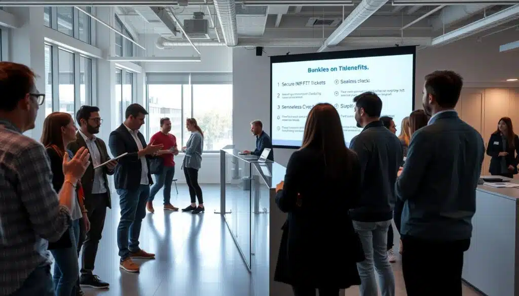 A modern, airy office space with large windows and natural lighting. In the foreground, a group of people discussing event planning, gesturing enthusiastically. In the middle ground, event organizers reviewing ticket details on a tablet, while attendees queue at a registration desk. The background features a projection screen displaying event benefits, such as secure NFT ticket access, seamless check-in, and personalized event experiences. The overall atmosphere conveys a sense of efficiency, collaboration, and excitement for the upcoming event.