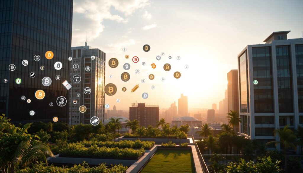 A modern and minimalist cityscape, with a striking contrast between the sleek high-rise buildings and the lush, verdant rooftop gardens. In the foreground, a diverse array of digital cryptocurrency symbols and icons float effortlessly, casting soft, holographic shadows on the tranquil rooftop oasis. The sky is bathed in a warm, golden glow, creating a serene and contemplative atmosphere. The overall composition evokes a sense of balance, resilience, and the harmonious integration of traditional finance and cutting-edge digital assets.