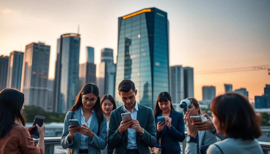 A modern city skyline at dusk, with a focus on a futuristic glass and steel office building. In the foreground, a group of diverse professionals use mobile devices and biometric scanners to verify digital identities, seamlessly integrating blockchain-based authentication into their daily workflows. The lighting is warm and inviting, casting a soft glow on the scene. The angle is slightly elevated, providing a birds-eye view that emphasizes the scale and interconnectivity of the digital identity verification system. The overall mood is one of efficiency, security, and technological advancement, showcasing the real-world applications of AI and blockchain in identity management. A modern city skyline at dusk, with a focus on a futuristic glass and steel office building. In the foreground, a group of diverse professionals use mobile devices and biometric scanners to verify digital identities, seamlessly integrating blockchain-based authentication into their daily workflows. The lighting is warm and inviting, casting a soft glow on the scene. The angle is slightly elevated, providing a birds-eye view that emphasizes the scale and interconnectivity of the digital identity verification system. The overall mood is one of efficiency, security, and technological advancement, showcasing the real-world applications of AI and blockchain in identity management.