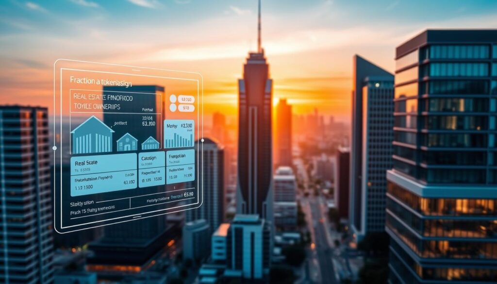 A modern cityscape with a dynamic real estate market, showcasing the integration of blockchain and digital asset ownership. In the foreground, a transparent holographic interface displays property listings, transaction details, and fractional ownership. Mid-ground, sleek high-rise buildings with clean architectural lines and a sophisticated aesthetic. In the background, a vibrant skyline with a warm, golden-hour lighting, conveying a sense of progress and innovation. The scene exudes a futuristic, tech-forward atmosphere, reflecting the seamless integration of real estate tokenization applications within the urban landscape.