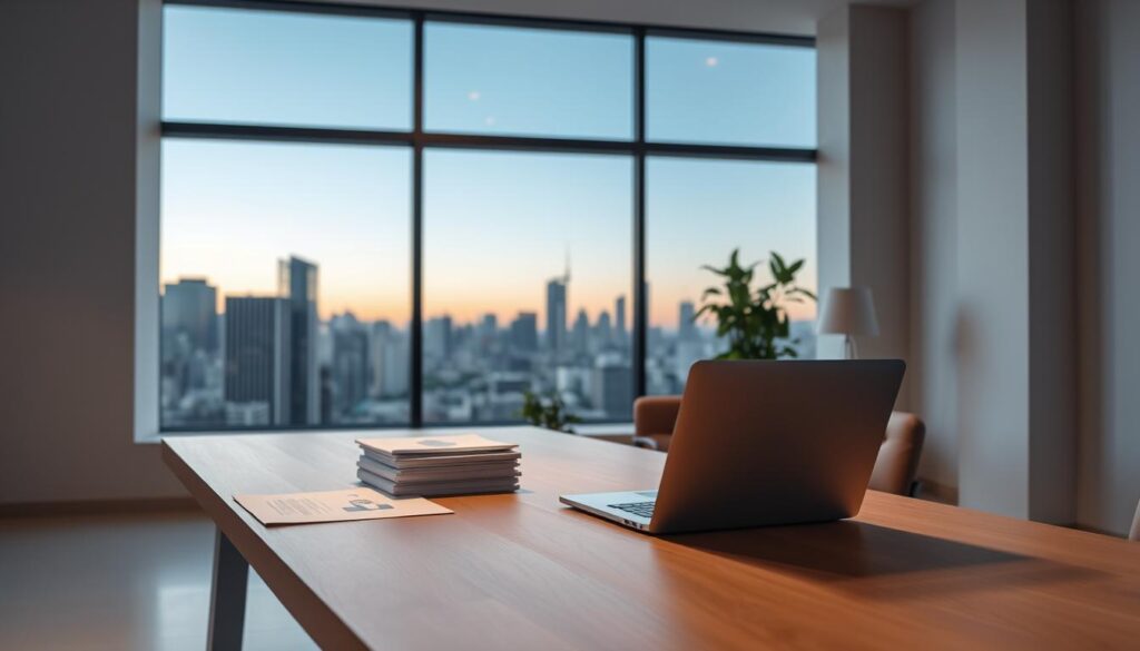 A modern, clean-lined office setting with a large window overlooking a cityscape. In the foreground, a sleek, minimalist wooden desk with a laptop, a stack of legal documents, and a stylized blockchain diagram. The middle ground features a comfortable leather chair and a potted plant. The background showcases the urban skyline, with skyscrapers and a hint of sunset hues. The lighting is soft and natural, creating a professional yet inviting atmosphere. The overall composition conveys the intersection of blockchain technology, intellectual property, and legal considerations.