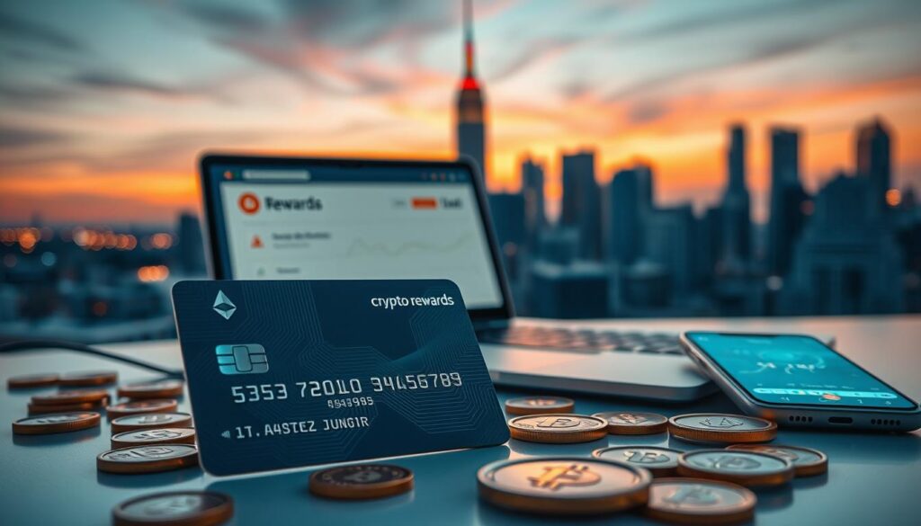 A modern crypto debit card lies prominently in the foreground, featuring a sleek, metallic design with subtle holographic elements, symbolizing digital currency. Surrounding the card are scattered coins, representing popular cryptocurrencies like Bitcoin, Ethereum, and Litecoin, reflecting light with a shiny finish. In the middle ground, a stylish laptop showcases a digital rewards dashboard, illustrating cashback earnings, while a smartphone nearby displays a cryptocurrency wallet app. In the background, a vibrant city skyline at dusk glows with warm sunset hues, hinting at a bustling tech-driven economy. Soft, diffused lighting creates an inviting atmosphere, emphasizing innovation and financial opportunity. The angle of the shot is slightly elevated, giving a comprehensive view of the scene, designed to evoke a sense of excitement and aspiration in the world of cryptocurrency rewards. A modern crypto debit card lies prominently in the foreground, featuring a sleek, metallic design with subtle holographic elements, symbolizing digital currency. Surrounding the card are scattered coins, representing popular cryptocurrencies like Bitcoin, Ethereum, and Litecoin, reflecting light with a shiny finish. In the middle ground, a stylish laptop showcases a digital rewards dashboard, illustrating cashback earnings, while a smartphone nearby displays a cryptocurrency wallet app. In the background, a vibrant city skyline at dusk glows with warm sunset hues, hinting at a bustling tech-driven economy. Soft, diffused lighting creates an inviting atmosphere, emphasizing innovation and financial opportunity. The angle of the shot is slightly elevated, giving a comprehensive view of the scene, designed to evoke a sense of excitement and aspiration in the world of cryptocurrency rewards.