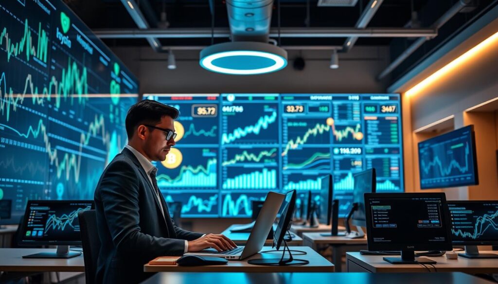 A modern cryptocurrency analysis platform interior, emphasizing a sleek workspace. The foreground shows a large, high-tech digital display wall filled with dynamic graphs, charts, and real-time Bitcoin price fluctuations, illuminated by soft blue and green lighting. In the middle, a professional in business attire analyzes data on a laptop, wearing glasses and focused intently on the screen. Surrounding them are stylish desks with digital monitors displaying crypto market trends. The background features a contemporary office with minimalistic decor and light wooden accents, creating a clean and professional atmosphere. Soft ambient lighting enhances the futuristic vibe, while warm overhead lights create a welcoming feel. The scene captures a sense of innovation and expertise in cryptocurrency analysis.