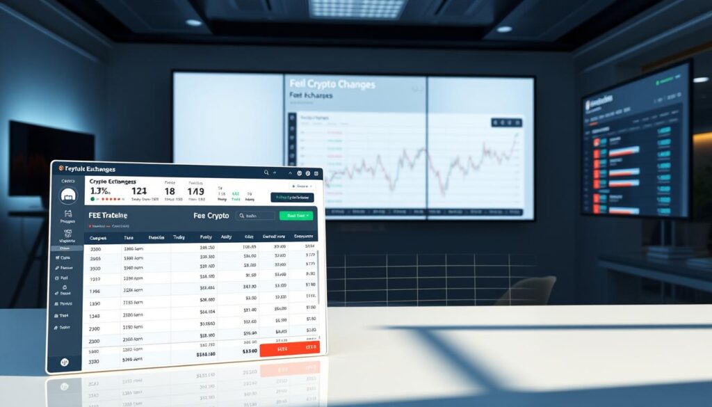 A modern, data-driven trading dashboard showcasing detailed fee analysis and incentive structures. In the foreground, a spreadsheet-like interface displays a side-by-side comparison of trading fees and rebate programs across leading crypto exchanges. The middle ground features an interactive chart visualizing historical fee trends and their impact on trading volume. The background depicts a sleek, minimalist office setting with large display screens, providing a professional, analytical atmosphere. Soft, directional lighting casts subtle shadows, emphasizing the precise, data-driven nature of the scene. The overall composition conveys a sense of informed decision-making and optimization of trading costs.