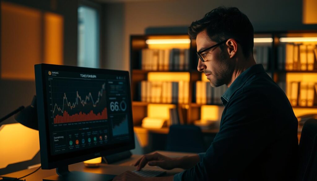 A modern financial office, dimly lit with warm lighting. In the foreground, a computer screen displays graphs and charts depicting cryptocurrency token burn statistics. In the middle ground, a financial analyst carefully examines the data, brow furrowed in concentration. In the background, shelves lined with financial records and books cast long shadows, conveying a sense of intellectual rigor and attention to detail. The scene evokes a serious, analytical atmosphere, with a focus on the tangible, real-world implications of cryptocurrency token burning mechanisms.