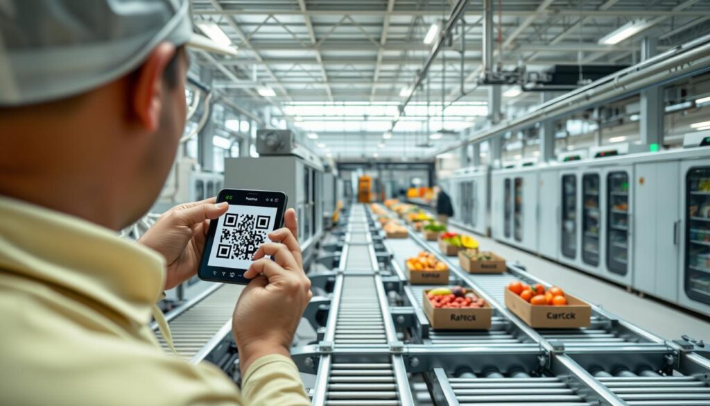 A modern food supply chain facility, with sleek blockchain-enabled interfaces and intuitive dashboards. In the foreground, a worker scans a product's QR code, verifying its origin and journey through the supply chain. In the middle ground, automated conveyor belts transport various food items, each tracked and secured via blockchain technology. The background showcases a panoramic view of the facility, with state-of-the-art storage units, refrigeration systems, and AI-powered monitoring systems. Bright, natural lighting illuminates the scene, conveying a sense of efficiency, transparency, and technological innovation at the heart of this blockchain-powered food supply chain application.