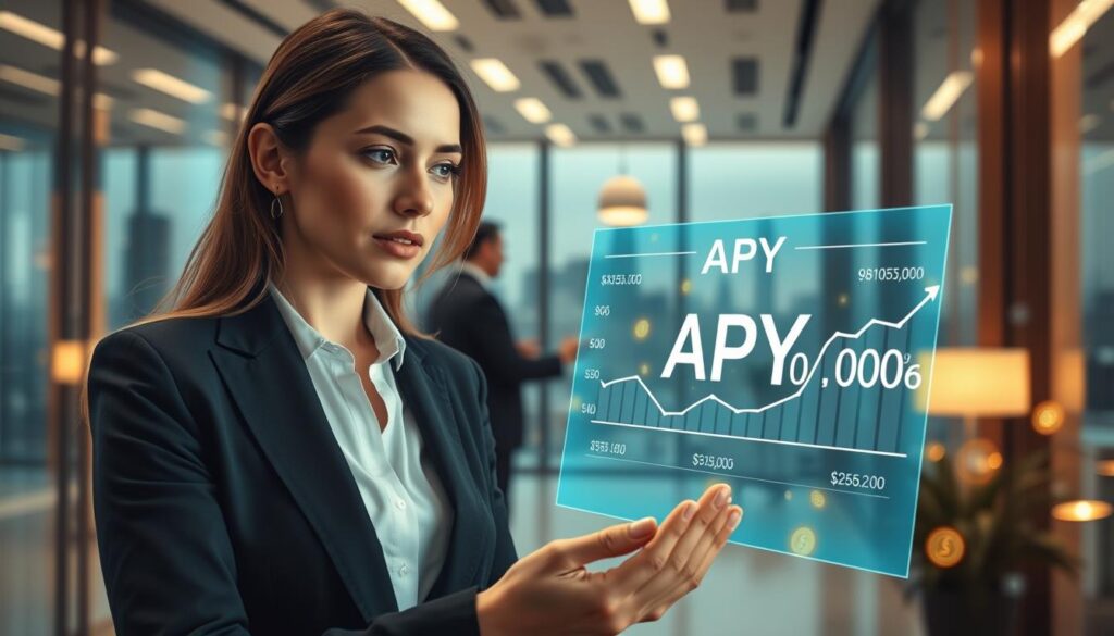 A modern lending and money market protocol scene showcasing a professional female investor in business attire, analyzing data on a sleek digital interface with graphs displaying high APY percentages. In the foreground, focus on the investor's attentive expression and the holographic display, illustrating dynamic interest rates. The middle ground features abstract representations of digital coins and currency symbols flowing around, symbolizing liquidity and investment opportunities. In the background, a high-tech, softly lit office space with glass walls offers a view of a futuristic city skyline. Warm, inviting lighting creates a motivating atmosphere, emphasizing stability and growth in the financial sector. Use a wide-angle lens to capture the depth of the environment, highlighting the interconnectedness of digital finance and lending.