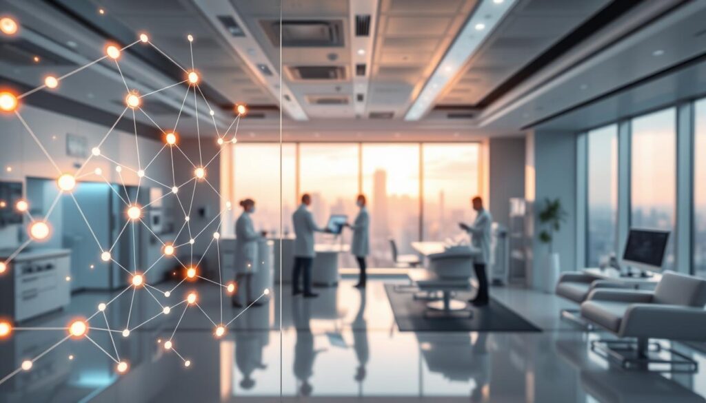 A modern medical facility with a futuristic interior. In the foreground, a transparent glass panel displays a blockchain network diagram, with nodes and connections illuminated in a warm, neon-like glow. In the middle ground, medical professionals in white coats interact with digital displays, showcasing secure data access and sharing capabilities enabled by blockchain technology. The background features advanced medical equipment, sleek furniture, and large windows offering a view of a bustling city skyline bathed in soft, diffused lighting, symbolizing the integration of blockchain into the healthcare industry.