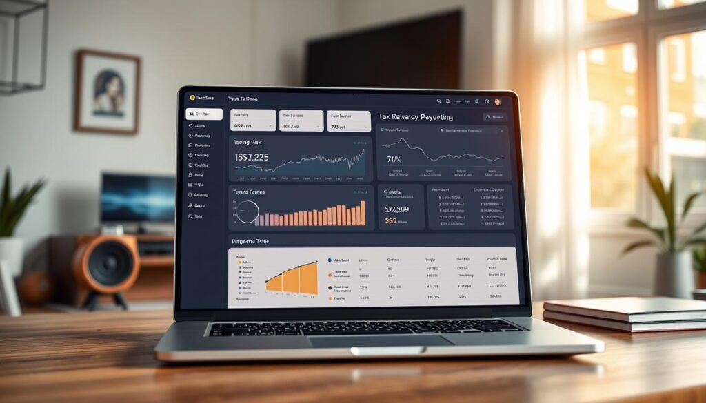 A modern, minimalist crypto tax software dashboard displayed on a sleek, silver laptop against a softly blurred background of a home office setup. The dashboard features clean, intuitive UI with interactive charts, graphs, and data visualizations showcasing tax-related crypto transactions, gains/losses, and optimization suggestions. Warm, natural lighting from a large window creates a sense of professionalism and productivity. The overall impression is one of a powerful, user-friendly tool designed to simplify the complexities of crypto tax reporting. A modern, minimalist crypto tax software dashboard displayed on a sleek, silver laptop against a softly blurred background of a home office setup. The dashboard features clean, intuitive UI with interactive charts, graphs, and data visualizations showcasing tax-related crypto transactions, gains/losses, and optimization suggestions. Warm, natural lighting from a large window creates a sense of professionalism and productivity. The overall impression is one of a powerful, user-friendly tool designed to simplify the complexities of crypto tax reporting.