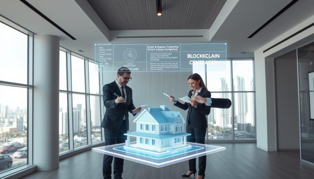 A modern, minimalist office interior with large windows and natural lighting. In the foreground, a virtual holographic contract negotiation is taking place, with two businesspeople in business attire discussing terms and signing documents with digital pens. The middle ground features a futuristic 3D model of a residential property, with transaction details and blockchain ledger displayed holographically above. The background showcases a cityscape through the windows, with skyscrapers and automated vehicles visible. The overall scene conveys a sense of technological sophistication and efficiency in real estate transactions facilitated by smart contracts on a blockchain platform.