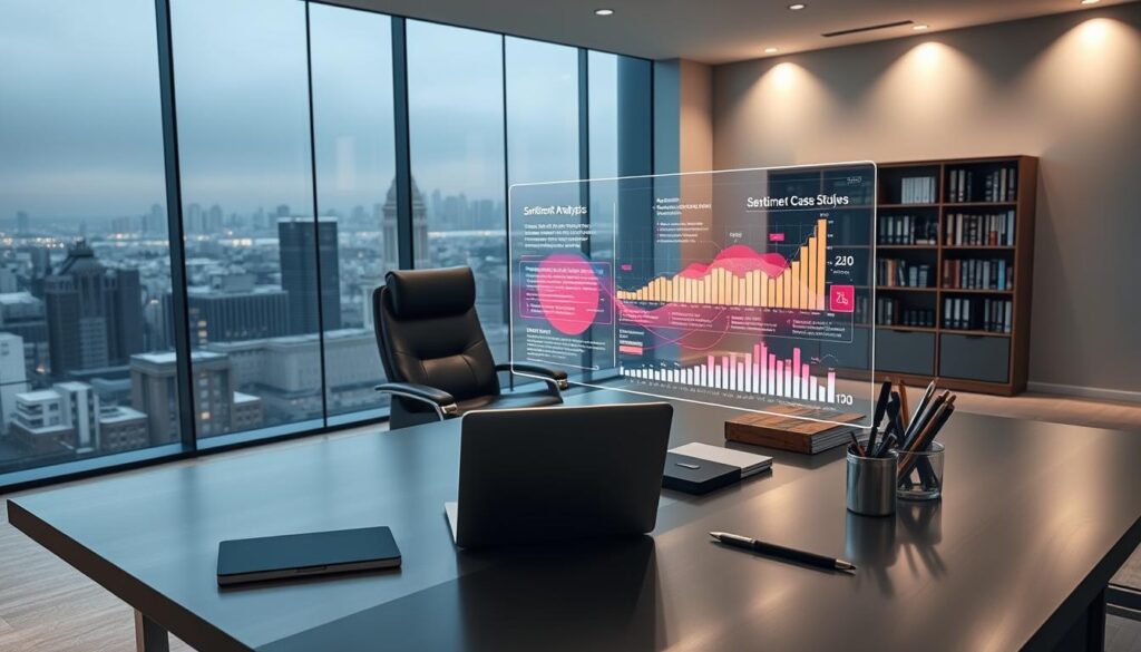 A modern, minimalist office setting with a large, curved glass window overlooking a cityscape. In the foreground, a sleek, brushed metal desk with a laptop, a tablet, and various stationery items. On the desk, a holographic display projects vibrant, data-driven visualizations depicting sentiment analysis case studies. The middle ground features a leather office chair and a bookshelf filled with industry-related volumes. The background is softly lit, with subtle ambient lighting and a muted color palette, creating a professional and contemplative atmosphere.