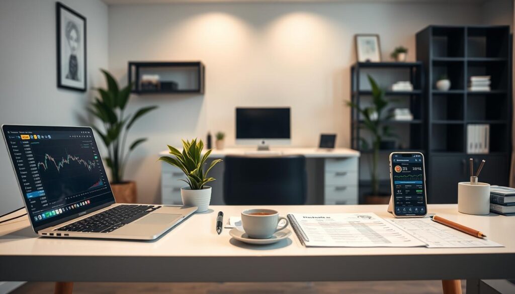 A modern, minimalist workspace with a sleek desk showcasing various NFT trading tools. The foreground features a high-resolution laptop display with a cryptocurrency trading platform interface, a digital drawing tablet, and a smartphone displaying NFT marketplace data. In the middle ground, a well-organized array of financial documents, a cup of coffee, and a potted plant add a touch of professionalism. The background is a clean, well-lit home office with neutral-toned walls and contemporary shelving, creating a productive and focused atmosphere for successful NFT flipping. A modern, minimalist workspace with a sleek desk showcasing various NFT trading tools. The foreground features a high-resolution laptop display with a cryptocurrency trading platform interface, a digital drawing tablet, and a smartphone displaying NFT marketplace data. In the middle ground, a well-organized array of financial documents, a cup of coffee, and a potted plant add a touch of professionalism. The background is a clean, well-lit home office with neutral-toned walls and contemporary shelving, creating a productive and focused atmosphere for successful NFT flipping.