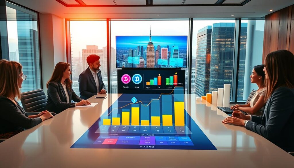 A modern office environment illustrating user adoption of cryptocurrency rewards loyalty programs. In the foreground, a diverse group of professionals in smart business attire are gathered around a sleek conference table, actively discussing a visually engaging chart showing growth and user engagement metrics. In the middle ground, a large digital screen displays vibrant graphics of digital wallets and loyalty points accumulating, symbolizing user rewards. The background features a panoramic window revealing a bustling cityscape, with warm, natural light flooding in. The atmosphere is energetic and focused, highlighting collaboration and innovation, captured with a wide-angle lens to create a sense of depth and engagement within the scene. A modern office environment illustrating user adoption of cryptocurrency rewards loyalty programs. In the foreground, a diverse group of professionals in smart business attire are gathered around a sleek conference table, actively discussing a visually engaging chart showing growth and user engagement metrics. In the middle ground, a large digital screen displays vibrant graphics of digital wallets and loyalty points accumulating, symbolizing user rewards. The background features a panoramic window revealing a bustling cityscape, with warm, natural light flooding in. The atmosphere is energetic and focused, highlighting collaboration and innovation, captured with a wide-angle lens to create a sense of depth and engagement within the scene.