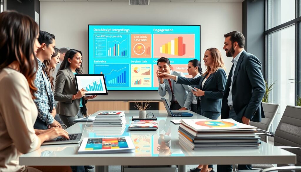 A modern office environment showcasing the concept of "business advantages data integration." In the foreground, a diverse group of professionals in business attire collaboratively discussing data insights, pointing at a laptop displaying visual charts and graphs. In the middle, a sleek table stacked with digital devices and modern marketing materials reflects a dynamic work atmosphere. The background features a large digital screen with animated infographics representing cost efficiency and engagement metrics in a vibrant color palette. Bright, natural lighting illuminates the space, creating a productive and innovative mood. The camera angle is slightly elevated, capturing the teamwork and enthusiasm, while maintaining focus on the central theme of data integration driving business advantages. A modern office environment showcasing the concept of "business advantages data integration." In the foreground, a diverse group of professionals in business attire collaboratively discussing data insights, pointing at a laptop displaying visual charts and graphs. In the middle, a sleek table stacked with digital devices and modern marketing materials reflects a dynamic work atmosphere. The background features a large digital screen with animated infographics representing cost efficiency and engagement metrics in a vibrant color palette. Bright, natural lighting illuminates the space, creating a productive and innovative mood. The camera angle is slightly elevated, capturing the teamwork and enthusiasm, while maintaining focus on the central theme of data integration driving business advantages.