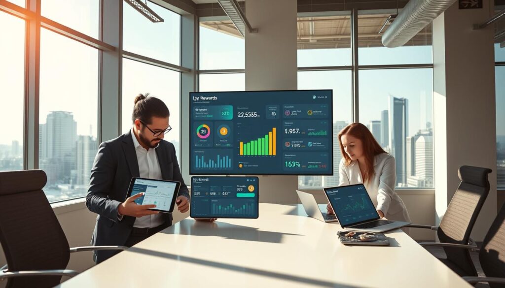 A modern office environment showcasing various cryptocurrency rewards tools and programs. In the foreground, a diverse group of three professionals dressed in smart business attire is gathered around a sleek table, analyzing a digital rewards dashboard on tablets and laptops. In the middle ground, a large screen displays graphical representations of crypto rewards, such as loyalty points and transaction history. The background features an urban skyline visible through large windows, with sunlight streaming in, creating a bright and inviting atmosphere. The scene is well-lit, emphasizing the focus on collaboration and innovation in the crypto rewards space. The overall mood captures excitement and forward-thinking in the developing world of cryptocurrency loyalty programs. A modern office environment showcasing various cryptocurrency rewards tools and programs. In the foreground, a diverse group of three professionals dressed in smart business attire is gathered around a sleek table, analyzing a digital rewards dashboard on tablets and laptops. In the middle ground, a large screen displays graphical representations of crypto rewards, such as loyalty points and transaction history. The background features an urban skyline visible through large windows, with sunlight streaming in, creating a bright and inviting atmosphere. The scene is well-lit, emphasizing the focus on collaboration and innovation in the crypto rewards space. The overall mood captures excitement and forward-thinking in the developing world of cryptocurrency loyalty programs.