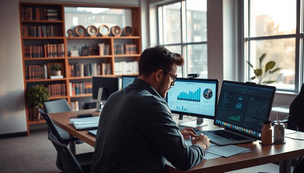 A modern office interior with a large desk and multiple computer screens. On the desk, there are documents, charts, and a laptop displaying various NFT project details. In the foreground, a person is intently examining the information, their expression one of focused analysis. Soft, natural lighting filters in through large windows, creating a warm and contemplative atmosphere. In the background, shelves filled with books and professional awards suggest an experienced and knowledgeable individual evaluating the potential of these new digital assets. A modern office interior with a large desk and multiple computer screens. On the desk, there are documents, charts, and a laptop displaying various NFT project details. In the foreground, a person is intently examining the information, their expression one of focused analysis. Soft, natural lighting filters in through large windows, creating a warm and contemplative atmosphere. In the background, shelves filled with books and professional awards suggest an experienced and knowledgeable individual evaluating the potential of these new digital assets.