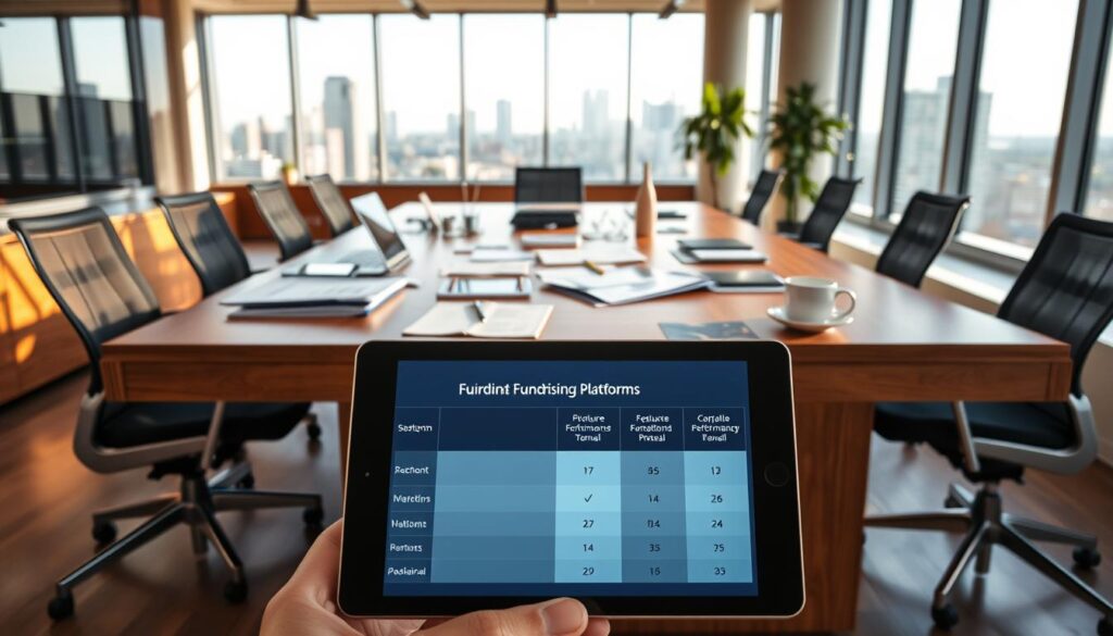A modern office interior with a large wooden desk, ergonomic chairs, and sleek monitors. The room is bathed in warm, natural lighting from a row of panoramic windows overlooking a cityscape. On the desk, various financial documents, laptops, and a cup of coffee are neatly arranged, conveying a sense of analytical focus. In the foreground, a tablet displays a comparison of fundraising platforms, their features, and performance metrics, inviting the viewer to evaluate the options. The atmosphere is professional, contemplative, and imbued with a subtle air of innovation.