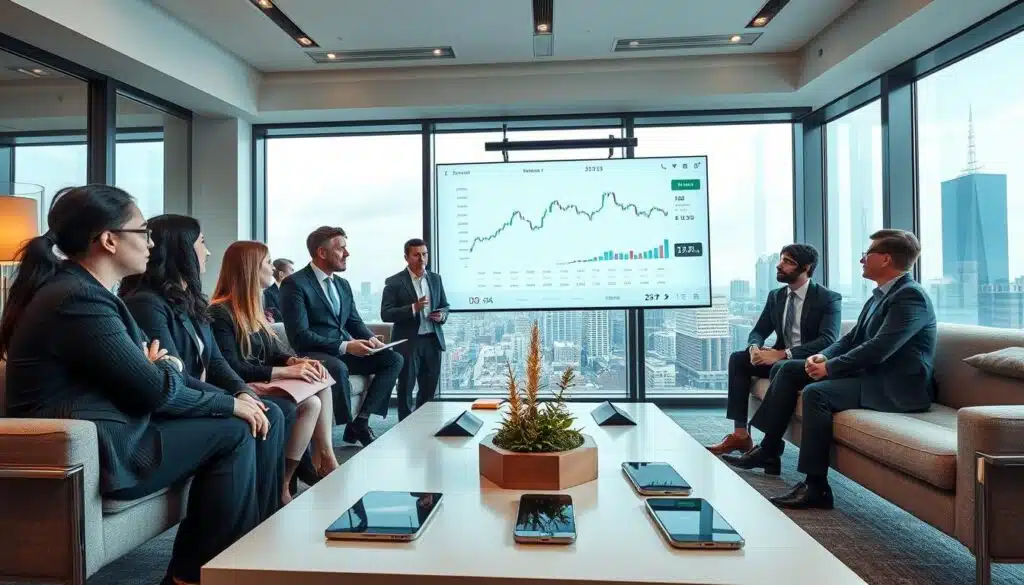 A modern office setting illustrating the concept of passive income in the crypto world contrasted with traditional finance. In the foreground, a diverse group of professionals, dressed in smart business attire, are engaged in a discussion while viewing a large screen displaying cryptocurrency graphs and statistics. In the middle, a coffee table is adorned with digital devices showcasing various finance apps. The background features large windows with a city skyline, reflecting the vibrant atmosphere of a bustling financial district. Soft, natural lighting illuminates the scene, creating a warm and inviting mood. The angle is slightly elevated, giving a panoramic view of both the people and the technology, emphasizing the innovation of crypto passive income strategies in comparison to traditional finance tools.