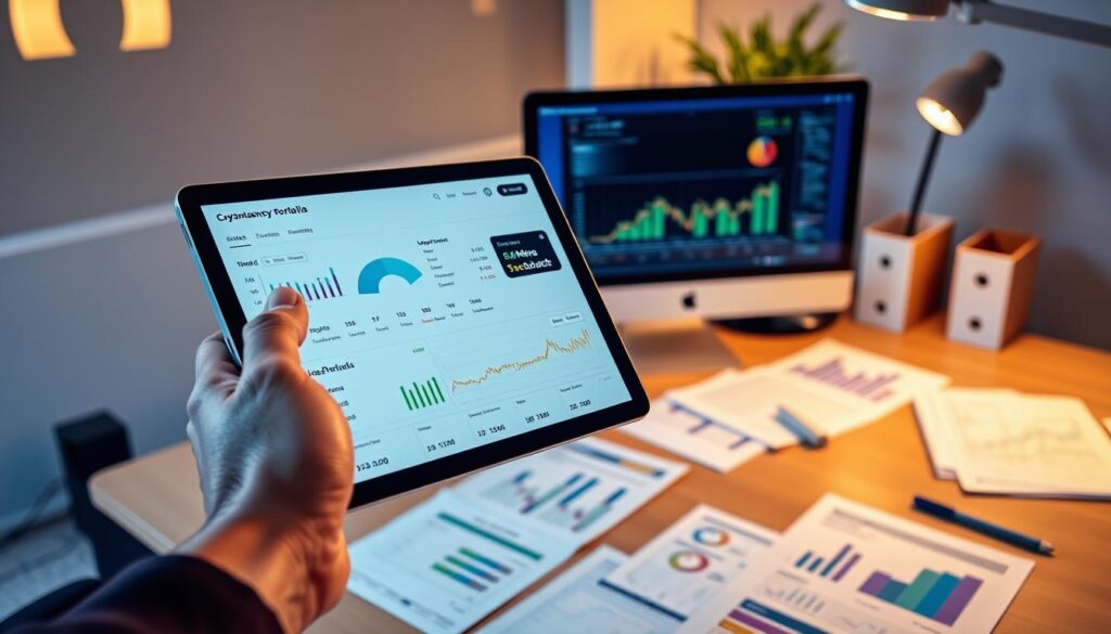 A modern office setting with a desktop computer and various financial reports and documents scattered across the surface. In the foreground, a hand holds a tablet device displaying a cryptocurrency portfolio dashboard, seamlessly integrating traditional investment data with real-time crypto market insights. The lighting is warm and balanced, creating a sense of professionalism and productivity. The overall composition conveys the blending of conventional and digital finance, with the desk and surrounding environment representing the conventional side, and the tablet symbolizing the integration of cryptocurrency management tools.