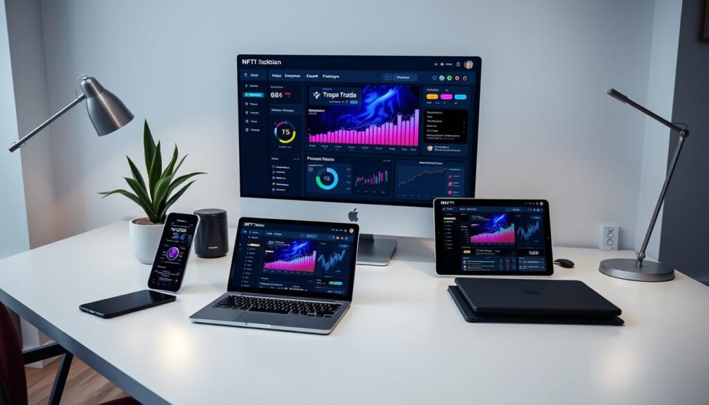 A modern office setting with a large desk showcasing a variety of digital devices - a laptop, tablet, and smartphone. On the screen, a visually striking dashboard for an NFT staking platform, displaying charts, graphs, and interactive elements. The desk is surrounded by minimalist decor, with a potted plant and a sleek desk lamp providing subtle lighting. The overall mood is one of focus and productivity, encouraging the viewer to explore the tools and features of the NFT staking platform.