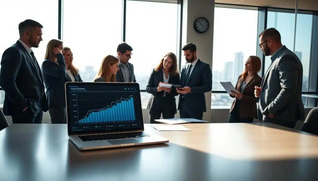 A modern office space with a sleek desk in the foreground, featuring a laptop displaying cryptocurrency staking graphs. In the middle ground, a diverse group of professionals, dressed in smart business attire, are engaged in a discussion, with papers and digital devices around them. The background includes a large window that reveals a city skyline under bright daylight, casting soft shadows across the room. The lighting is bright and inviting, emphasizing a sense of collaboration and innovation. The mood is focused and optimistic, reflecting the potential of passive income through staking in cryptocurrency rewards programs. The composition captures the essence of teamwork and strategic planning in the world of finance.