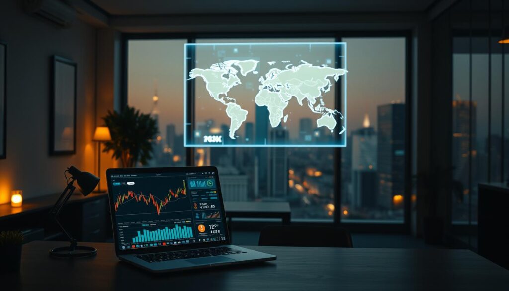 A modern office workspace, dimly lit with a warm, ambient glow. A desk in the foreground features a laptop displaying candlestick charts, cryptocurrency logos, and financial data dashboards. In the middle ground, a 3D holographic projection of a world map, with data visualizations highlighting global crypto market trends. The background showcases a floor-to-ceiling window overlooking a bustling cityscape, symbolizing the dynamic and ever-evolving crypto industry. A sense of analytical focus, calculated risk, and technological innovation pervades the scene. Cinematic lighting enhances the mood, with dramatic shadows and highlights accentuating the key elements. The overall composition conveys the act of evaluating AI-driven crypto investment potential and market insights.