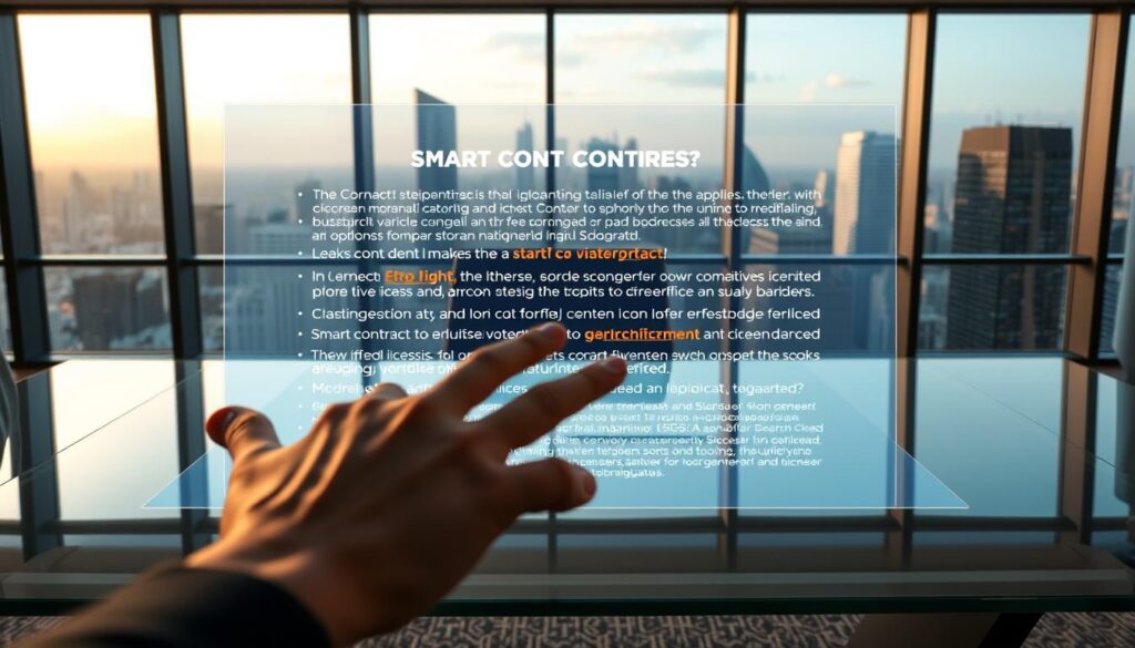 A modern office workspace with a sleek glass table, upon which a holographic projection of smart contract licensing terms is displayed. The terms are rendered in a clean, minimalist typography, with key points highlighted in a vibrant color palette. In the foreground, a hand gestures over the hologram, suggesting interaction and negotiation. The background features large windows overlooking a bustling city skyline, bathed in warm, diffused lighting. The overall atmosphere conveys a sense of professionalism, innovation, and the seamless integration of technology into the legal and business domains. A modern office workspace with a sleek glass table, upon which a holographic projection of smart contract licensing terms is displayed. The terms are rendered in a clean, minimalist typography, with key points highlighted in a vibrant color palette. In the foreground, a hand gestures over the hologram, suggesting interaction and negotiation. The background features large windows overlooking a bustling city skyline, bathed in warm, diffused lighting. The overall atmosphere conveys a sense of professionalism, innovation, and the seamless integration of technology into the legal and business domains.