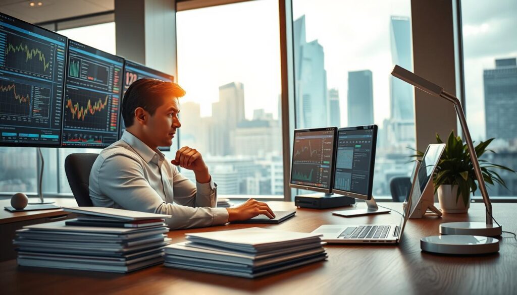 A modern professional office interior, bathed in warm, soft lighting from large windows. At the center, a person intently scrutinizing financial reports and market data on multiple computer screens, brow furrowed in concentration. In the foreground, a meticulously organized desk with a neatly stacked pile of documents, a high-end laptop, and a sleek, minimal desk lamp. The background reveals a cityscape of towering skyscrapers, hinting at the broader economic landscape under surveillance. An atmosphere of diligence, analysis, and a commitment to staying ahead of the curve. A modern professional office interior, bathed in warm, soft lighting from large windows. At the center, a person intently scrutinizing financial reports and market data on multiple computer screens, brow furrowed in concentration. In the foreground, a meticulously organized desk with a neatly stacked pile of documents, a high-end laptop, and a sleek, minimal desk lamp. The background reveals a cityscape of towering skyscrapers, hinting at the broader economic landscape under surveillance. An atmosphere of diligence, analysis, and a commitment to staying ahead of the curve.