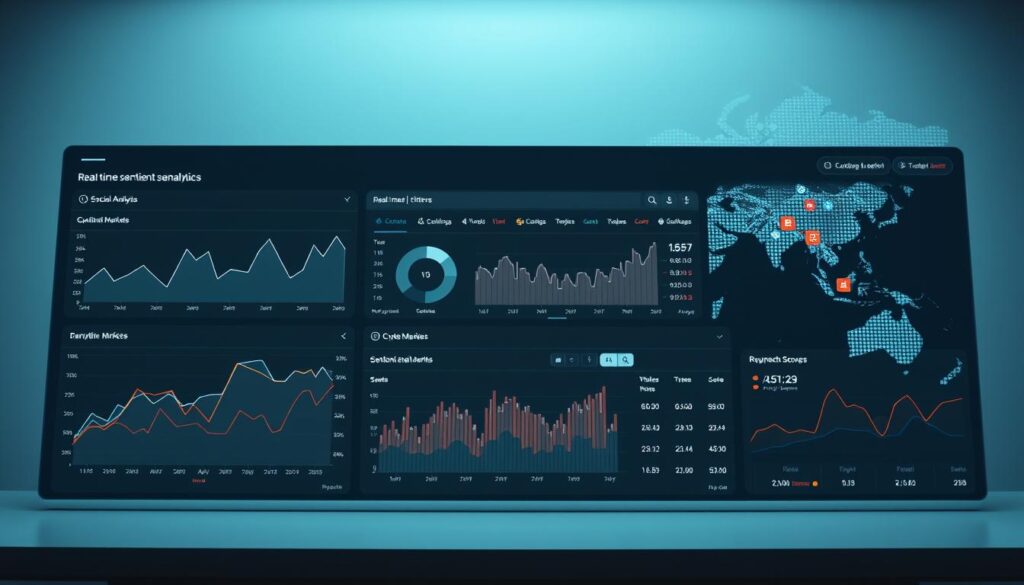 A modern, sleek dashboard displaying real-time social media sentiment analytics. In the foreground, a series of line graphs, pie charts, and sentiment scores visualize the online chatter around cryptocurrency markets. The middle ground features several interactive data filters and a search bar to refine the analysis. The background showcases a dynamic, data-driven world map pulsing with social media activity. Soft, indirect lighting casts a professional, authoritative atmosphere, with a focus on clarity and informative design. The overall aesthetic evokes a cutting-edge AI-powered platform for deep crypto market insights. A modern, sleek dashboard displaying real-time social media sentiment analytics. In the foreground, a series of line graphs, pie charts, and sentiment scores visualize the online chatter around cryptocurrency markets. The middle ground features several interactive data filters and a search bar to refine the analysis. The background showcases a dynamic, data-driven world map pulsing with social media activity. Soft, indirect lighting casts a professional, authoritative atmosphere, with a focus on clarity and informative design. The overall aesthetic evokes a cutting-edge AI-powered platform for deep crypto market insights.