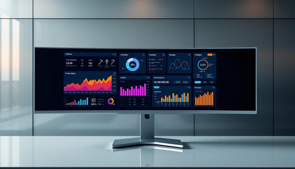 A modern, sleek data analytics dashboard displays real-time insights on a high-resolution monitor. Vibrant visualizations, charts, and graphs convey key metrics in an intuitive, well-organized layout. Subtle ambient lighting casts a warm glow, creating a professional, focused atmosphere. The dashboard is set against a minimalist backdrop of brushed metal and tempered glass, reflecting the cutting-edge, technology-driven nature of the analytics platform. Clean lines, bold colors, and elegant typography combine to deliver a visually striking, user-friendly data experience. A modern, sleek data analytics dashboard displays real-time insights on a high-resolution monitor. Vibrant visualizations, charts, and graphs convey key metrics in an intuitive, well-organized layout. Subtle ambient lighting casts a warm glow, creating a professional, focused atmosphere. The dashboard is set against a minimalist backdrop of brushed metal and tempered glass, reflecting the cutting-edge, technology-driven nature of the analytics platform. Clean lines, bold colors, and elegant typography combine to deliver a visually striking, user-friendly data experience.