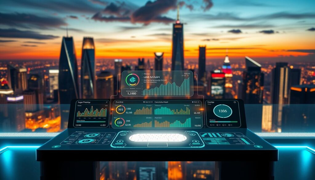 A modern, sleek decentralized finance lending platform, with a clean user interface and intuitive controls. The platform is set against a backdrop of a cityscape, with towering skyscrapers and a vibrant, neon-lit skyline. The foreground features a holographic display, showcasing various financial metrics and lending options, all powered by blockchain technology. The lighting is a mix of warm, ambient tones and cool, technical accents, creating a futuristic, yet inviting atmosphere. The camera angle is slightly elevated, giving a bird's-eye view of the platform, emphasizing its scale and complexity. The overall mood is one of innovation, efficiency, and the cutting edge of decentralized finance.