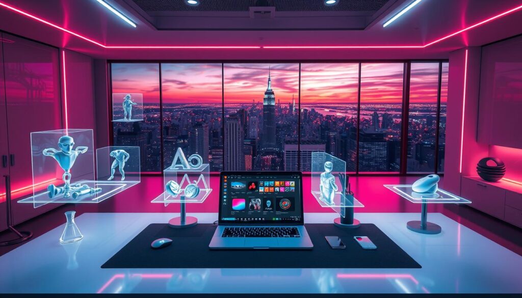 A modern, sleek digital art studio with a minimalist workspace. On the desk, a laptop displays a user interface for creating and customizing an NFT collection. Holographic projections surround the scene, showcasing 3D models, digital brushes, and NFT design tools. Vibrant, neon-infused lighting casts an energetic glow, complemented by a futuristic, chrome-accented interior. In the background, a large panoramic window offers a breathtaking cityscape view, symbolizing the limitless potential of the digital art world. The overall atmosphere is one of creativity, innovation, and the boundless possibilities of NFT customization. A modern, sleek digital art studio with a minimalist workspace. On the desk, a laptop displays a user interface for creating and customizing an NFT collection. Holographic projections surround the scene, showcasing 3D models, digital brushes, and NFT design tools. Vibrant, neon-infused lighting casts an energetic glow, complemented by a futuristic, chrome-accented interior. In the background, a large panoramic window offers a breathtaking cityscape view, symbolizing the limitless potential of the digital art world. The overall atmosphere is one of creativity, innovation, and the boundless possibilities of NFT customization.
