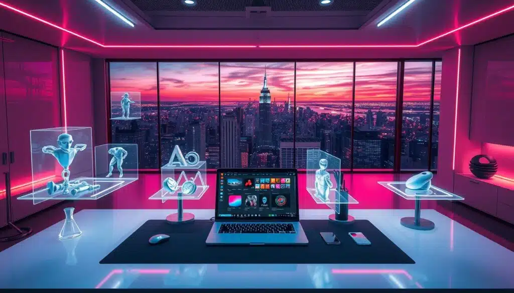 A modern, sleek digital art studio with a minimalist workspace. On the desk, a laptop displays a user interface for creating and customizing an NFT collection. Holographic projections surround the scene, showcasing 3D models, digital brushes, and NFT design tools. Vibrant, neon-infused lighting casts an energetic glow, complemented by a futuristic, chrome-accented interior. In the background, a large panoramic window offers a breathtaking cityscape view, symbolizing the limitless potential of the digital art world. The overall atmosphere is one of creativity, innovation, and the boundless possibilities of NFT customization.