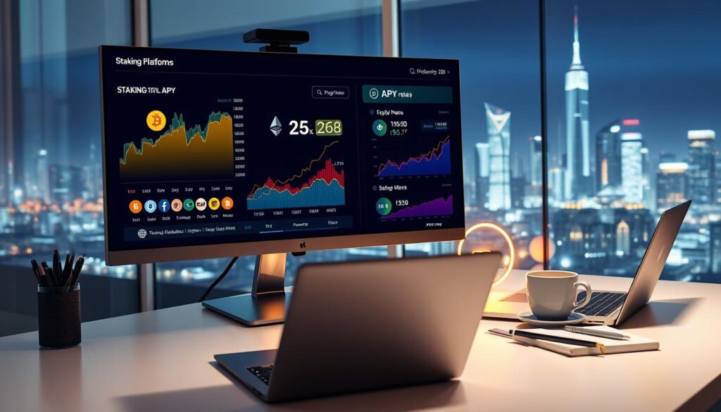 A modern, sleek digital interface displaying various cryptocurrency staking platforms, showcasing their high APY rates. In the foreground, an elegant monitor screen with colorful graphs and icons representing popular cryptocurrencies like Bitcoin, Ethereum, and others. The middle ground features a clean, organized workspace with a stylish laptop, a notepad, and a coffee cup, symbolizing productivity. The background presents an abstract city skyline, subtly illuminated by soft neon lights, giving a futuristic atmosphere. The image is well-lit with bright, engaging colors, suggesting optimism and growth. The angle is slightly elevated, providing a clear view of the staking platform interface while maintaining a professional, inviting mood. A modern, sleek digital interface displaying various cryptocurrency staking platforms, showcasing their high APY rates. In the foreground, an elegant monitor screen with colorful graphs and icons representing popular cryptocurrencies like Bitcoin, Ethereum, and others. The middle ground features a clean, organized workspace with a stylish laptop, a notepad, and a coffee cup, symbolizing productivity. The background presents an abstract city skyline, subtly illuminated by soft neon lights, giving a futuristic atmosphere. The image is well-lit with bright, engaging colors, suggesting optimism and growth. The angle is slightly elevated, providing a clear view of the staking platform interface while maintaining a professional, inviting mood.