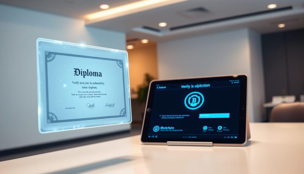 A modern, sleek digital issuance process for diplomas. In the foreground, a holographic diploma floats, its edges shimmering with a crisp, futuristic design. In the middle ground, a tablet displays an interactive interface for verifying the diploma's authenticity, with blockchain icons and secure transaction details. The background features a minimalist office setting, with clean lines, muted colors, and discreet technological accents hinting at the advanced, digital nature of the credentialing system. Soft, directional lighting casts a warm, professional glow, complementing the overall sense of innovation and efficiency. A modern, sleek digital issuance process for diplomas. In the foreground, a holographic diploma floats, its edges shimmering with a crisp, futuristic design. In the middle ground, a tablet displays an interactive interface for verifying the diploma's authenticity, with blockchain icons and secure transaction details. The background features a minimalist office setting, with clean lines, muted colors, and discreet technological accents hinting at the advanced, digital nature of the credentialing system. Soft, directional lighting casts a warm, professional glow, complementing the overall sense of innovation and efficiency.