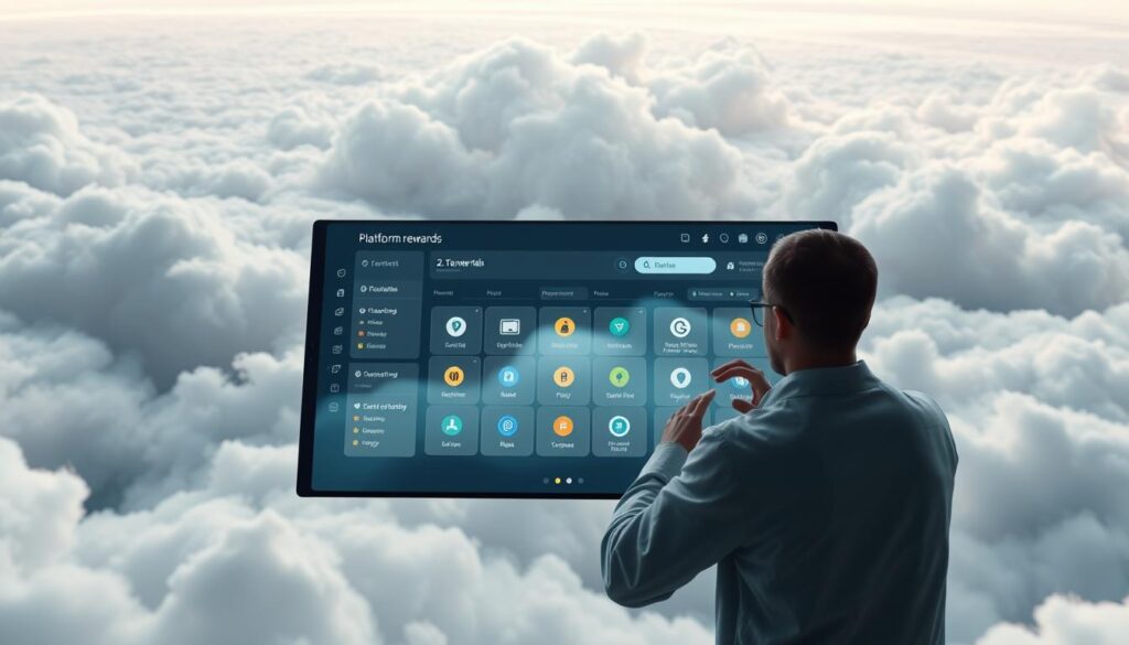 A modern, sleek digital platform interface with a minimalist design. In the foreground, a user interacts with a touchscreen dashboard, exploring various options for earning rewards through platform testing. The middle ground features a grid of digital asset icons, symbolizing the potential rewards. In the background, a serene, cloud-like environment evokes a sense of ethereal technological advancement. Soft, diffused lighting creates a calming, futuristic ambiance, while the camera angle suggests a birds-eye view, emphasizing the platform's comprehensive capabilities. The overall tone conveys a seamless, intuitive experience for users seeking to earn free NFTs through platform testing.
