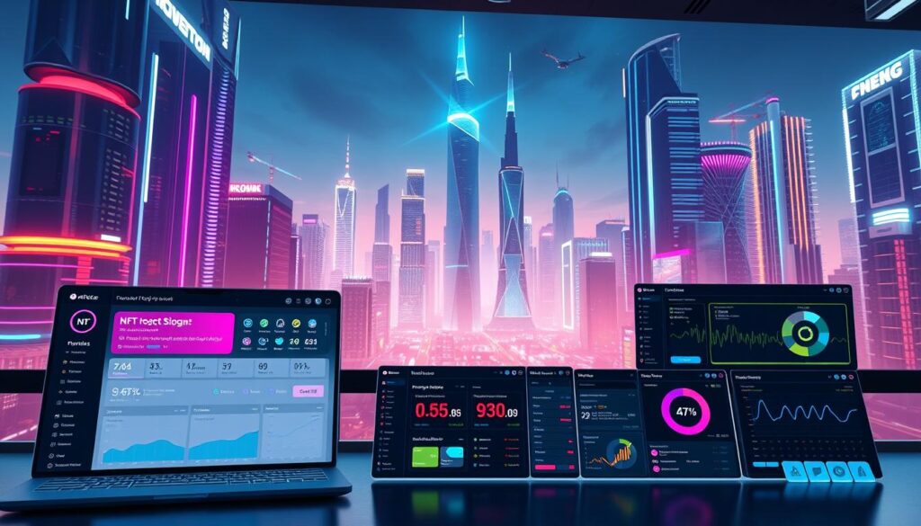 A modern, sleek digital workspace showcasing various NFT presale platforms and tools. In the foreground, a visually-appealing dashboard displays NFT project details, whitelist signups, and presale countdown timers. The middle ground features a selection of intuitive user interfaces for minting, tracking, and managing NFT presale activities. The background depicts a futuristic cityscape with towering skyscrapers, holographic displays, and a vibrant, neon-infused atmosphere, creating a technologically-advanced and immersive environment. The lighting is crisp, with a balance of warm and cool tones, highlighting the clean, minimalist design. The camera angle is slightly elevated, providing an expansive, bird's-eye view of the scene, conveying a sense of power and control over the NFT presale ecosystem.