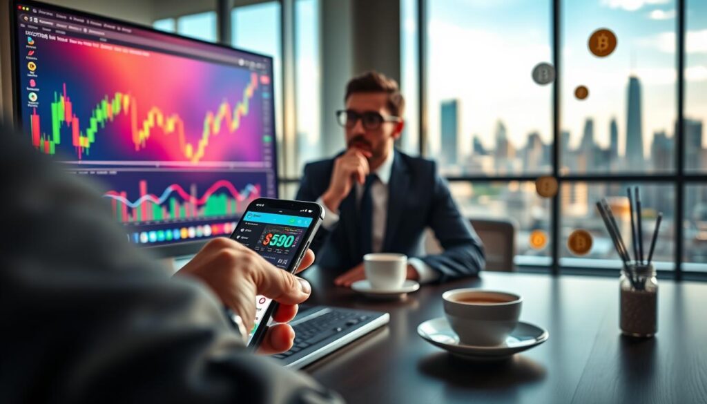 A modern, sleek workspace showcasing a computer screen displaying a vibrant cryptocurrency trading platform with colorful charts and graphs. In the foreground, focus on a hand using a smartphone, showing a popular crypto rewards app interface. The middle ground features a professional individual in business attire, thoughtfully analyzing market trends while sipping coffee. In the background, include abstract representations of digital currencies floating subtly, with a blurred city skyline through a large window, symbolizing connectivity and technology. Soft, natural lighting filters through the window, creating a warm and inviting atmosphere. The overall mood is one of professionalism and optimism, illustrating accessibility and opportunity in cryptocurrency trading for beginners.