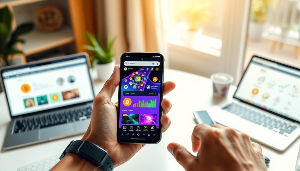 A modern smartphone displaying a vibrant mobile browser interface with a visually appealing Bitcoin mining app. In the foreground, the phone screen should show colorful graphics of Bitcoin symbols and charts indicating progress and rewards. The middle layer features a user’s hands, casually holding the phone, wearing a stylish smartwatch. The background depicts a cozy workspace with a clean desk, a laptop open with cryptocurrency-related tabs, and soft natural light streaming in through a window, creating a warm atmosphere. The overall mood is optimistic and engaging, showcasing the concept of earning Bitcoin smoothly and effortlessly through mobile technology. Avoid any text or branding elements to keep it focused and professional.