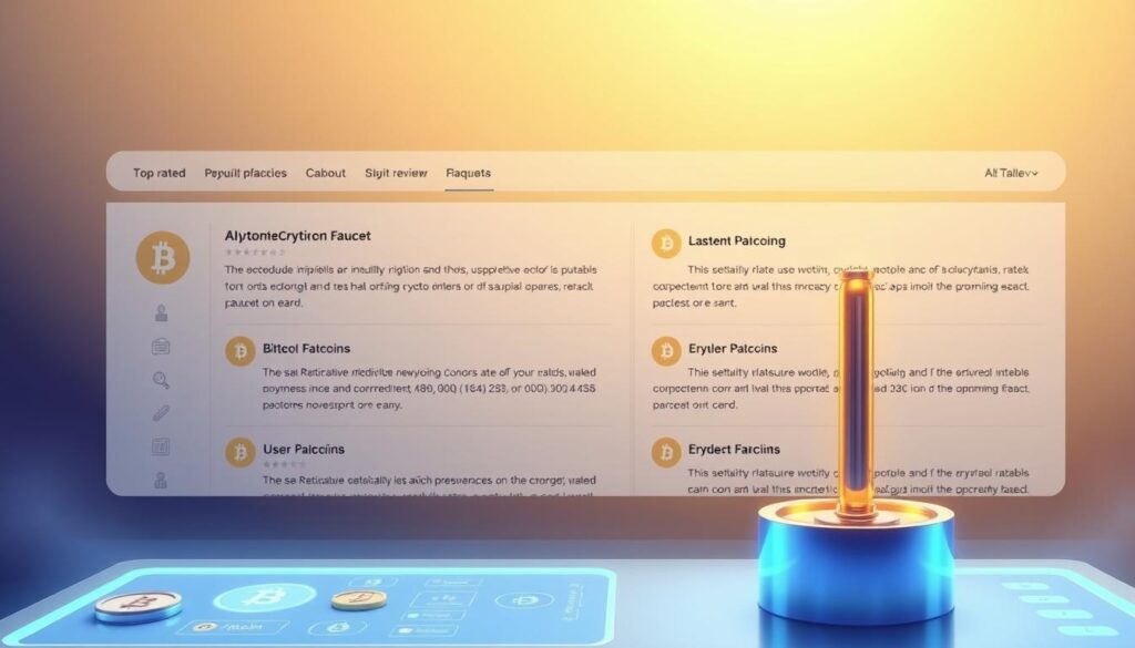 A modern, sophisticated illustration showcasing the top-rated cryptocurrency faucets. In the foreground, a sleek, futuristic interface with various cryptocurrency icons and interactive buttons, inviting the user to engage with the faucets. The middle ground features a clean, minimalist layout with detailed information about the faucets, their payout rates, and user reviews. The background has a subtle, ethereal glow, conveying a sense of digital innovation and financial opportunity. The lighting is soft and even, creating a professional, trustworthy atmosphere. The camera angle is slightly elevated, giving the viewer a sense of authority and confidence in the subject matter.