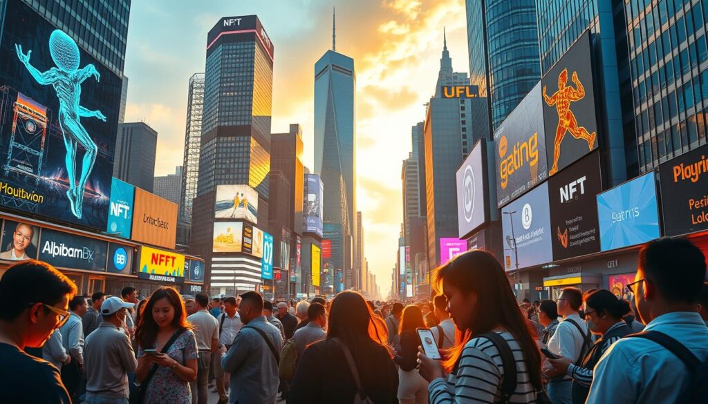 A modern urban cityscape, bustling with activity and innovation. In the foreground, a group of people engage in various blockchain-powered transactions, their smartphones and augmented reality glasses illuminating the scene. In the middle ground, towering skyscrapers adorned with digital art and interactive NFT installations cast long shadows. The background is a vibrant mix of neon lights, holographic billboards, and sleek, futuristic architecture, creating an atmosphere of technological progress and economic opportunity. The lighting is a warm, golden hue, evoking a sense of prosperity and optimism. The overall composition captures the real-world integration of NFTs, from everyday commerce to large-scale public art and smart city infrastructure.