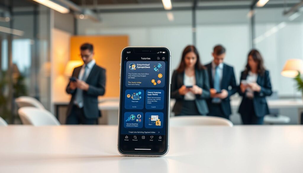 A modern, user-friendly mobile application interface displayed on a smartphone, highlighting educational features for cryptocurrency beginners. In the foreground, the smartphone shows vibrant tutorials and interactive guides, with engaging visuals and icons symbolizing concepts like blockchain and investment strategies. The middle ground features a subtle depiction of a diverse group of individuals, dressed in professional business attire, actively using their devices to engage with the app. In the background, a soft, blurred office environment with warm lighting creates an inviting atmosphere conducive to learning. The overall mood is inspiring and informative, emphasizing accessibility and user empowerment in crypto education. The composition should have a slight tilt to convey a dynamic approach to technology.
