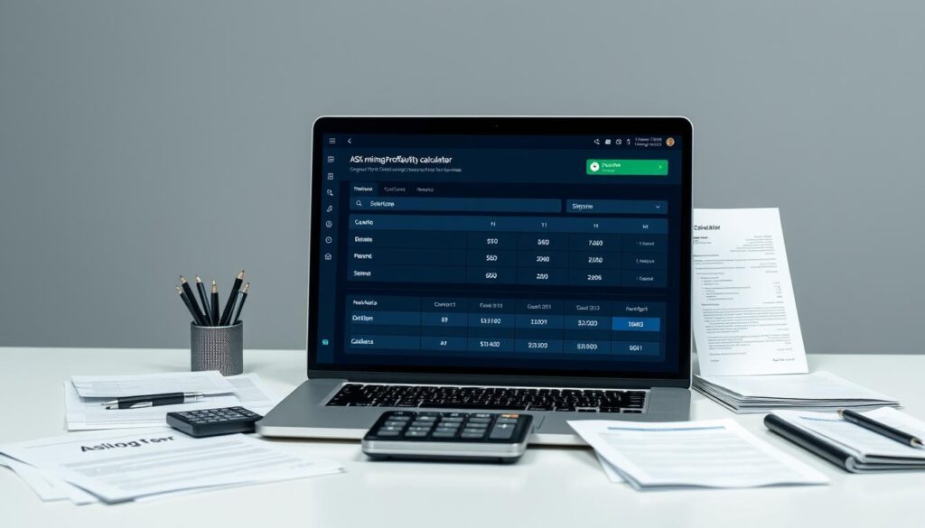 A modern, well-lit office desk with a laptop, a calculator, and various cryptocurrency mining-related documents and paperwork. The desk is set against a clean, minimalist backdrop with subtle grey tones. The laptop screen displays an intuitive, easy-to-use interface for an ASIC mining profitability calculator, its inputs and outputs clearly visible. The overall scene conveys a sense of efficiency, productivity, and the advantages of using AI-powered tools to optimize cryptocurrency mining operations.