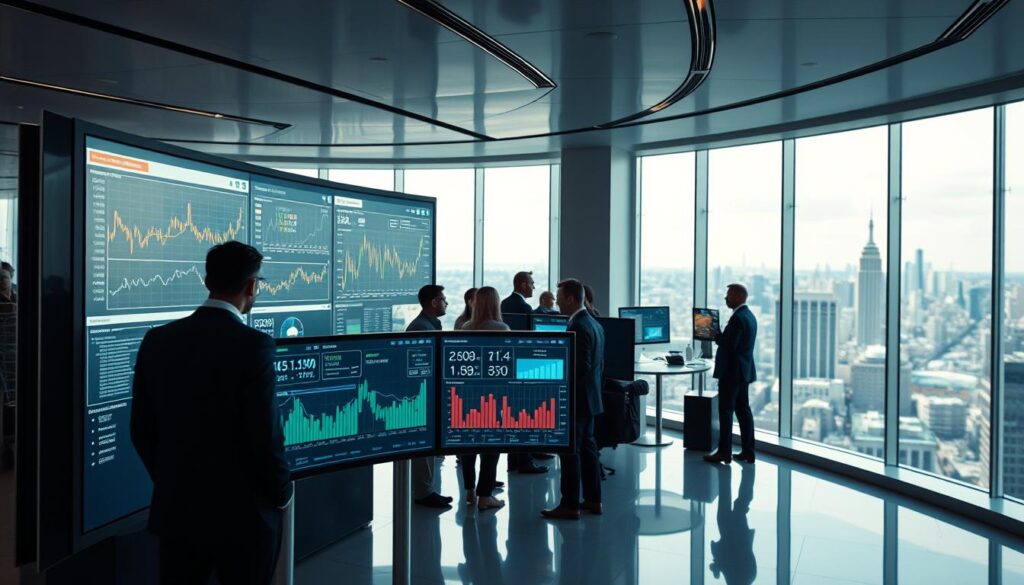 A modern, well-lit office interior with sleek, minimalist design. In the foreground, a large curved monitor displays real-time financial data and market analysis dashboards. In the middle ground, a team of analysts intently studying the screens, their faces illuminated by the warm glow of the displays. In the background, floor-to-ceiling windows offer a panoramic view of a bustling city skyline. The atmosphere is one of focused intensity, with a touch of futuristic elegance. A modern, well-lit office interior with sleek, minimalist design. In the foreground, a large curved monitor displays real-time financial data and market analysis dashboards. In the middle ground, a team of analysts intently studying the screens, their faces illuminated by the warm glow of the displays. In the background, floor-to-ceiling windows offer a panoramic view of a bustling city skyline. The atmosphere is one of focused intensity, with a touch of futuristic elegance.