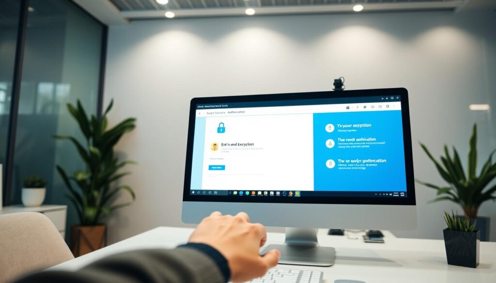 A modern, well-lit office setting with a user interacting with a secure web application on a desktop computer. The screen displays various security features like two-factor authentication, end-to-end encryption icons, and security notifications. In the foreground, a user's hand hovers over the mouse, conveying a sense of focus and engagement. The background features subtle geometric patterns and sleek, minimalist decor, creating a professional and streamlined atmosphere. Soft, directional lighting illuminates the scene, highlighting the user's face and the computer screen. The overall impression is one of a well-designed, secure, and user-friendly digital experience. A modern, well-lit office setting with a user interacting with a secure web application on a desktop computer. The screen displays various security features like two-factor authentication, end-to-end encryption icons, and security notifications. In the foreground, a user's hand hovers over the mouse, conveying a sense of focus and engagement. The background features subtle geometric patterns and sleek, minimalist decor, creating a professional and streamlined atmosphere. Soft, directional lighting illuminates the scene, highlighting the user's face and the computer screen. The overall impression is one of a well-designed, secure, and user-friendly digital experience.